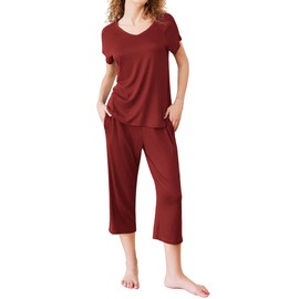 Ekouaer Pajamas for Women Set Short Sleeve Pj Sets Pullover Tops & Capri Pants 2 Piece Sleepwear Loungewear S-XXL Wine Red
