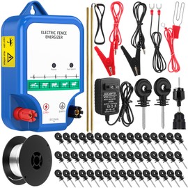 MorningRo Electric Fence Kit, 8 Mile 12kV 2J Electric Fence Charger AC/DC Powered with 50 Insulators, Socket Tool, 250ft Aluminum Wire for Livestock Control, Predators Deterrent(Classic Ver.,Blue)
