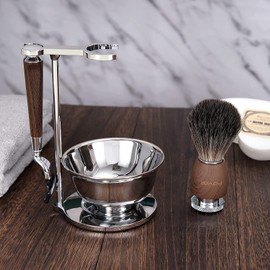 Favali Shaving Brush Set, 4-in-1 Rustproof Shaving Brush Holder + Shaving Bowl + Shaving Brush + Wet Razor Men (Compatible with Mach 3) - Handles Made of Steamed Ash and Metal Accents