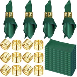 Nitial 24 Piezas Juego de Servilletas y Anillos 12 Anillos Dorados 12 Servilletas de Tela Lavables para Decoración de Mesas en Bodas Cumpleaños y Eventos(Hueco,Verde)