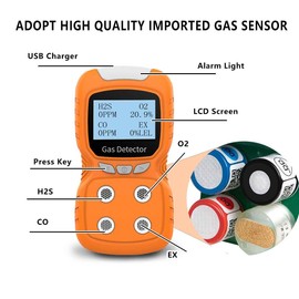 Sooguard Portable 4 Gas Detector, 4 in 1 Multi Gas Monitor Tester，H2S,O2,CO and EX Rechargeable LCD Display Gas Sniffer Alarm，Gas Clip Sound Light Shock Alarm (Orange)