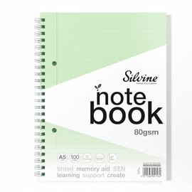 Silvine A5 Blue Paper Dyslexia Notebook | 100 Wirebound Pages, 80gsm Tinted Paper for SEN Supportive Learning & Memory Aid (Green)