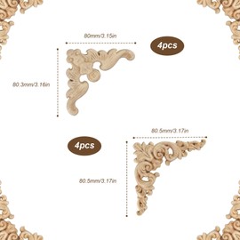 FINELYCR Pack of 8 Wooden Ornaments 8 x 8 cm, Wooden Ornaments for Furniture, Wood Carving Ornaments for Sticking, Solid Wood Carving, Used for Decoration of Furniture and Mirrors (2 Patterns)