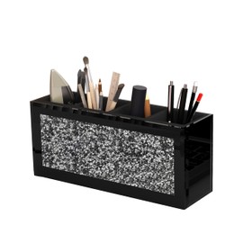 blingworld Pencil Holder for Desk, Black Mirrored Pen Holder with Crushed Diamond Crystals, 4 Compartments Pen Organizer, Perfect for Office, Home, or Gift Giving