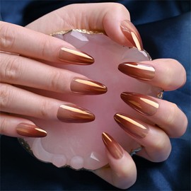 Teardrop Sparkly Laser Color Press On False Nails Short Medium Length Full Cover Acrylic Almond Shaped Fake Nails for Women Lady High Polished Shiny Summer Fashion Nails for Nail Salons and Home DIY Nail Art 24 PCS (BKS636 Coffee)