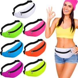 7 Pieces Neon Fanny Pack 80s Party Waist Bag Adjustable Waist 2 Zipper Travel Running Fanny Pack for Rave Party Women