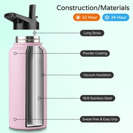 DOMICARE 32 oz Insulated Water Bottle, Vacuum Insulated Stainless Steel Sports Water Bottle with Straw Lid & Spout Lid, Leakproof, Reusable - Travel, Camping, Bike, Pink