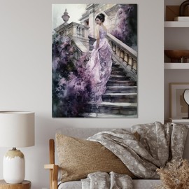 DesignQ Purple Traditional Canvas wall art, Woman Romantic Wall Art, Beautiful Lady by the Stairs I, Woman Romantic Wall art decor, 12x20 inches