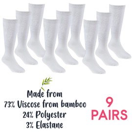 Metzuyan 9 Pairs Childrens Girls Bamboo Super Gentle Soft Back to School Knee High Socks White Size 12.5-3.5
