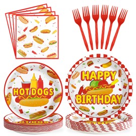 Grencian 96 PCS Happy Birthday Party Decorations Fast Food Birthday Plates Disposable Hot Dogs Paper Plates for Adults and Kids Picnic Baby Shower Burger BBQ Themed Party Supplies