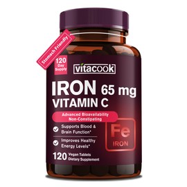 Vitacook Iron Supplement for Women Men | High Potency Iron 65mg with Vitamin C 250mg | Stomach Friendly Iron Pills for Red Blood Cell & Immune Support | Vegan, Non-GMO & Gluten Free | 120 Iron Tablets
