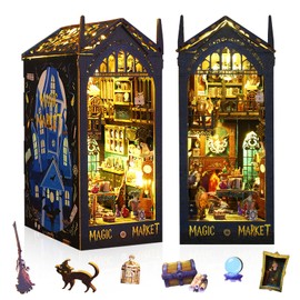 3D Wooden Puzzles Doll House Kit, DIY Book Nook Miniature Kit, Bookshelf Insert Decor with LED Light and Furniture, Model Building Kits for Adults (Magic Bazaar)