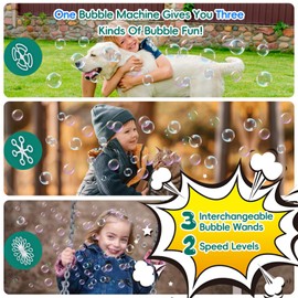 Automatic Bubble Machine with 3 Replaceable Wands,Kids Bubble Machine with Toddlers Stickers,10000+ Bubbles Per Minute,Operated by Plug/Batteries,Outdoor Bubble Machine for Parties Wedding