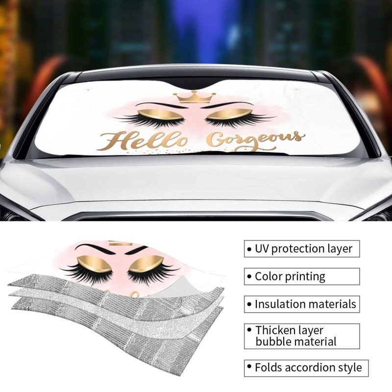 Hello Gorgeous Car Front Windshield Sun Shades, Gold Eye Eyelash