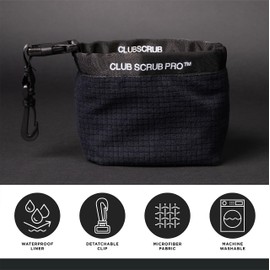 Club Scrub Pro Golf Club and Golf Ball Cleaning Bag, Waterproof Clean Face Technology Liner, Perfectly Dry Microfiber Exterior, Detachable Clip, Machine Washable, Cleans Club Grooves, Black Pro