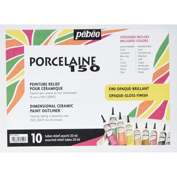 PEBEO Porcelaine 150 China Paint Set of 10, Count (Pack of 1), 10 Assorted Outliners, 6 Fl Oz