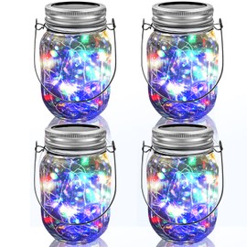 Hanging Solar Mason Jar Lights,ZQX 4 Pack 20 Led String Hanging Mason Jar Lanterns for Outdoor,Great Decor Light for Outside Patio Garden Yard Fence Wedding Table,Hangers and Jars Included（Multicolor）