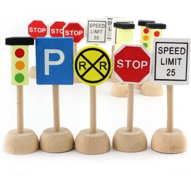 Attatoy Kids Wooden Street Signs Playset (14-Piece Set), Wood Traffic Signs Perfect for Car & Train Set