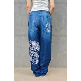 OATSBAS Unisex Y2K Hip-Hop Gothic Jeans Casual Baggy Oversize Streetwear Jeans Gragon Print Letter Graphic Retro Jeans (Blue,X-Large)