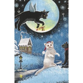4X6 PRINT OF PAINTING CHRISTMAS RYTA CAT BLACK TUXEDO White Angel Bell  House