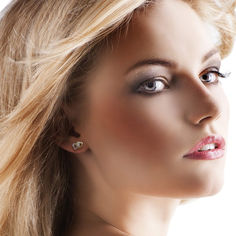 925 Sterling Silver Heart Shape Stud Earrings Two Tone Ladies