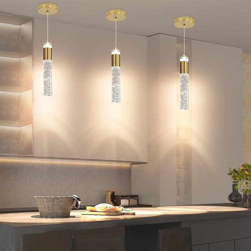 3 Pack Modern Kitchen Island Pendant Lights, Gold Bubble Crystal
