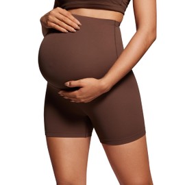CRZ YOGA Women's Butterluxe 4" Maternity Shorts Over The Belly - Over Bump Yoga Sports Biker Shorts Pregnancy Leggings Coffee Brown 16