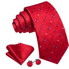 Barry.Wang Red Tie for Men Plaid Silk Necktie Pocket Square Cufflinks Set Formal Wedding Party Business