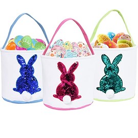 3 PCS Easter Eggs Hunt Basket for Kids Canvas Bunny Basket Egg Bags Rabbit Fluffy Tails Gift Toys Carry Bucket Tote for Boys & Girls (Pink, Green, Blue)