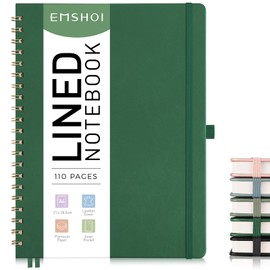 EMSHOI A4 Notebook Lined Journal, 100 GSM, PU Leather Hardcover, Sticky Notes, Pocket, Pen Loop, Ruler, Bookmark, 110 Pages Ruled Spiral Notepad for Women Men Writing, 21 x 28.5cm, Green
