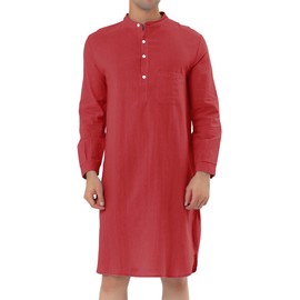 Lars Amadeus Men's Nightshirt Sleep Shirt Banded Collar Henley Shirt Pajamas Nightgown Red S