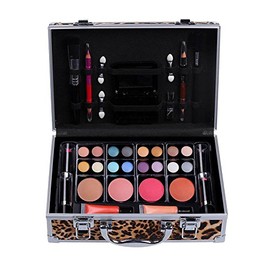 Cameo Cosmetics Premium 51pc Beauty Case Make Up Set with Reusable Aluminum Leopard Case - Eyeshadows, Lipsticks, Blushers, Lip Glosses, Brushes, Mirror Box, Applicators, Pencils