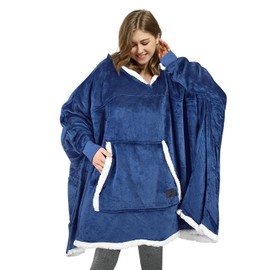 Catalonia Classy Oversize Poncho Hoodie Blanket Warm Gifts for Women, Fluffy Cuddly Jumper Blanket Hoodie Women Girls, Plus Size Portable Blanket with Sleeves Adults Teenagers, Navy