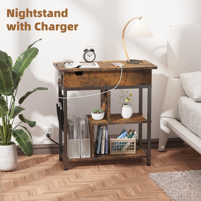 JoanKaren End Table with Charging Station, Flip Top Nightstand with