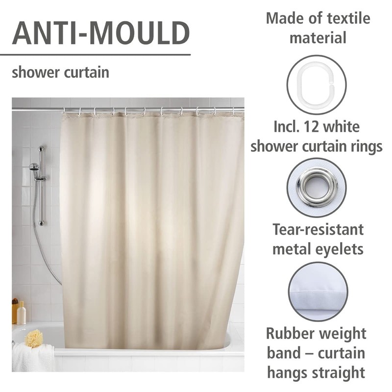 Wenko Anti Mould Shower Curtain - Plain, Antibacterial & Washable