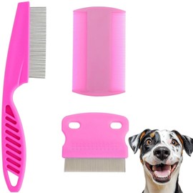 3 Pack Flea Lice Comb, Flea Comb for Dogs Cats, Stainless Steel Dog Cat Grooming Combs, Fine Teeth Pet Comb Grooming Set, Dog Hair Comb Grooming Tool for Removing Tear Stains, Fleas, Dandruff（Pink）