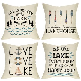 Softxpp Life is Better at the Lake House Decorative Throw Pillow Cover Set of 4, Farmhouse Paddles Anchor Lakehouse Cushion Case, Lakehouse Rustic Spring Summer Home Decoration Pillowcase Decors 18x18
