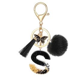 MWOOT Alphabet Initial Letter Keychain, Name Keyring with Tassel Butterfly Pendant Pom Pom for Women, Black Resin Gold Foil Sequins Keyring Charm for Door Car Key Handbag Decor(S)