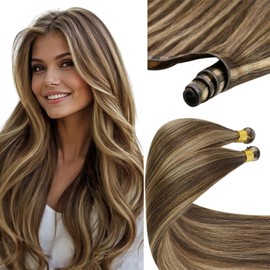 Sunny Hair Genius Weft Hair Extensiond Dark Brown Highlights Caramel Brown Weft Human Hair Extensions Straight Remy Hair Genius Sew in Extensions for Women 16inch