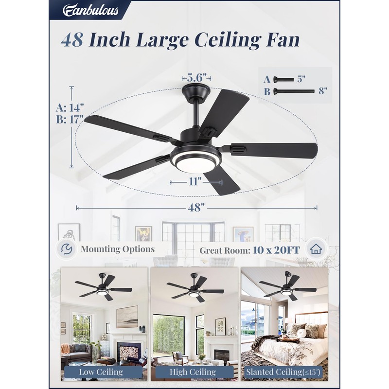 48 Inch Indoor Outdoor Large Ceiling Fans with Lights and