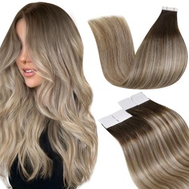 LaaVoo Tape Extensions Real Human Hair Tape in Extensions Balayage Dark Brown to Platinum Blonde Remy Straight Invisible Tape in Hair Extension Human Hair Double Sided Tabs 20pcs 50g 16 Inch #3/8/24