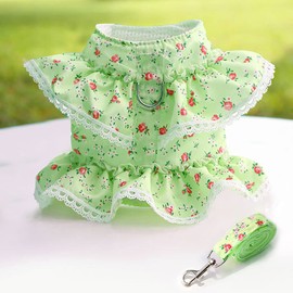 Dog Harness and Lead Set Soft Dogs Flowers Clothes Cat Vest Harness Small Dogs Chest Strap for Walking (S: Green)