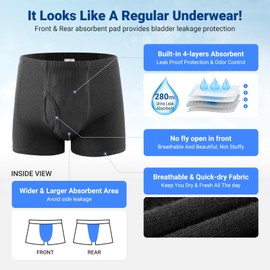 Men's Incontinence Underwear 2PCS Incontinence Boxer Briefs Absorption Protection Washable Incontinence Underwear for Men Leak Proof Underwear with Front & Rear Absorbent Area 280ML (Black, 3X-Large)