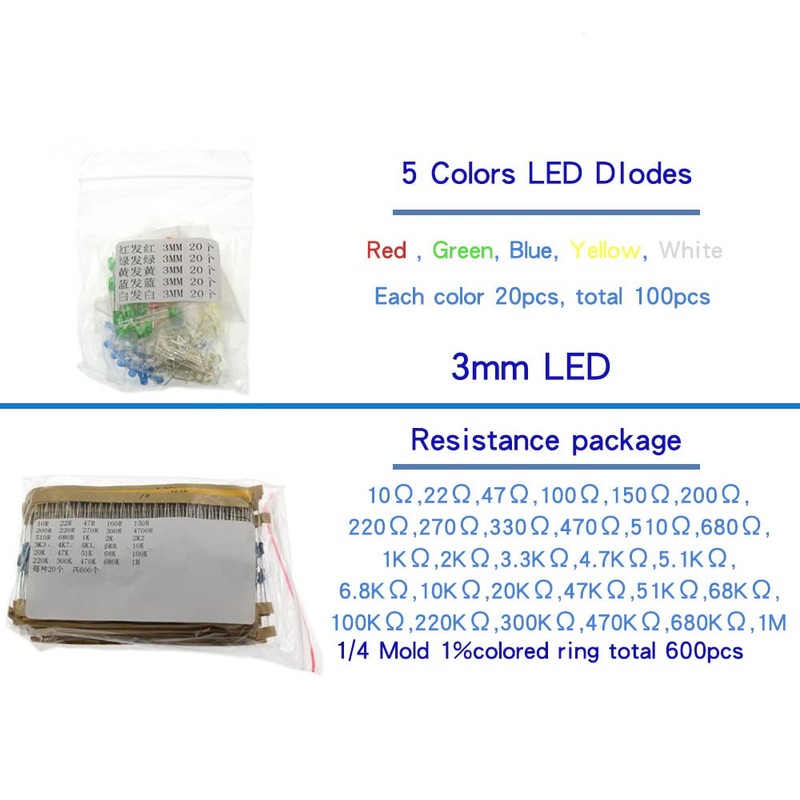 1390pcs Electronic Components Kit LED Diodes Metal Film Resistors Electrolytic