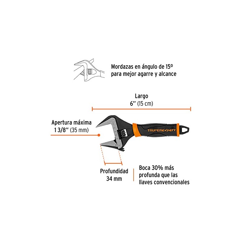 Truper Expert PET-6XA Llave ajustable (perico) 6" boca ancha Comfort