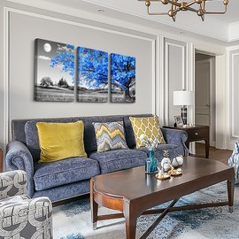 DZRWUBHS Canvas Wall Art For Living Room Modern Wall Decor For Office Black And White Blue Tree Wall Painting Scenery Wall Pictures Artwork For Bedroom Room Home Decor Prints Art 16" X 24" 3 Piece