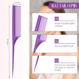 Leinuosen 2 Pack 9 Inch Rat Tail Comb for Women Fine Tooth Parting Comb Carbon Fiber Heat Resistant Teasing with Plastic Pick Hair Styling Thin Lightweight for Women Men(Purple)