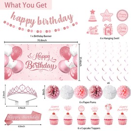 Roetyce Rose Gold Birthday Decorations for Women, Pink Happy Birthday Sash & Crown Banner Backdrop Balloons Hanging Swirls Cupcake Topper Kit, Girls Bday Party Backdrop Background
