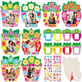 Qyeahkj 32 Sets Mother's Day Picture Frame Craft Kit for Kids DIY Love You Mom Photo Frame Craft Set with Easel Flower Plant Paper Craft Arts with Stickers for Mama Home Classroom Party Game Activity