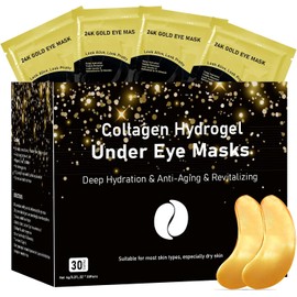 Rotus 30 Pairs Gold Eye Mask Power Crystal Gel Collagen Masks, Great For Anti Aging, Dark Circles & Puffiness